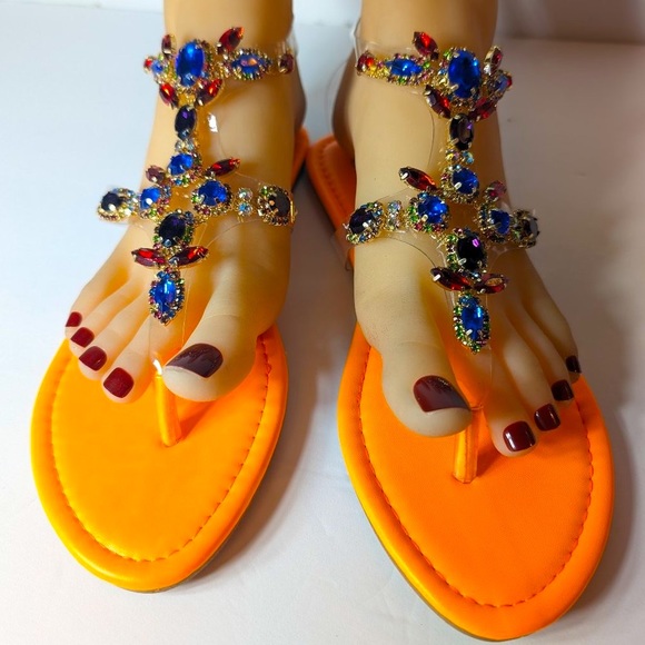 Bella Luna Bright & Colorful Rhinestone Thong Toe Slip On Orange Flats - Picture 3 of 7